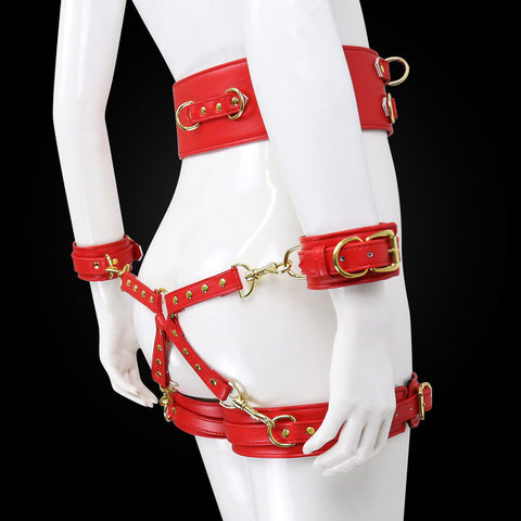 BDSM Handcuffs & Leg Harness Restraint Bondage Kit - Red