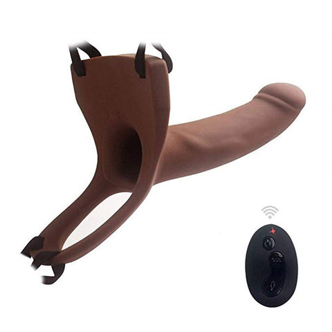 Aphrodisia Remote Control Vibrating Hollow Strap-On Dildo 6.7" Silicone Penis Sleeve Extender - Brown