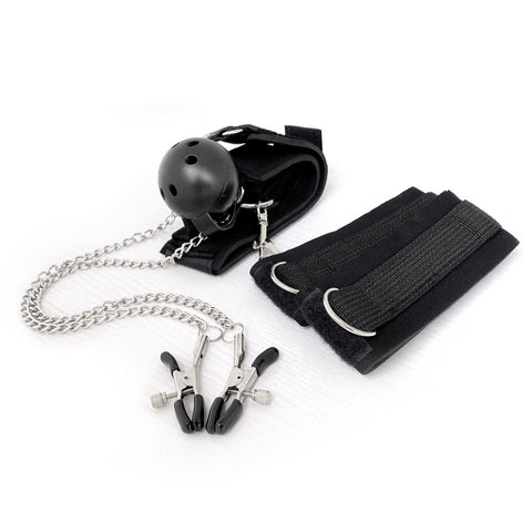 BDSM Gag Ball with Nipple Clamps & Handcuffs - Complete Restraint Bondage Kit