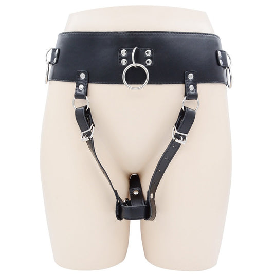 BDSM Bondage Female Chastity Belt with Massager Wand Holder Strap - Black Up to 120cm Waist