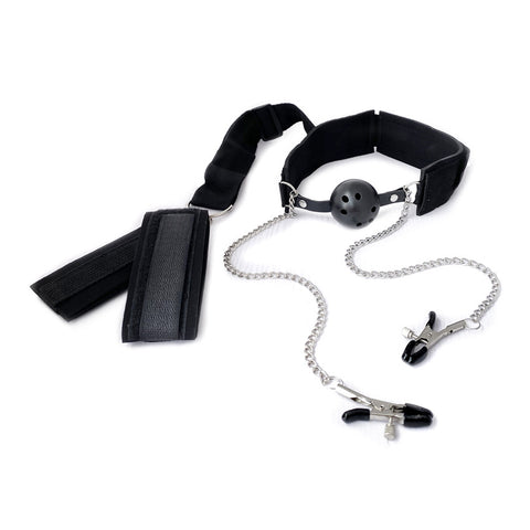 BDSM Gag Ball with Nipple Clamps & Handcuffs - Complete Restraint Bondage Kit