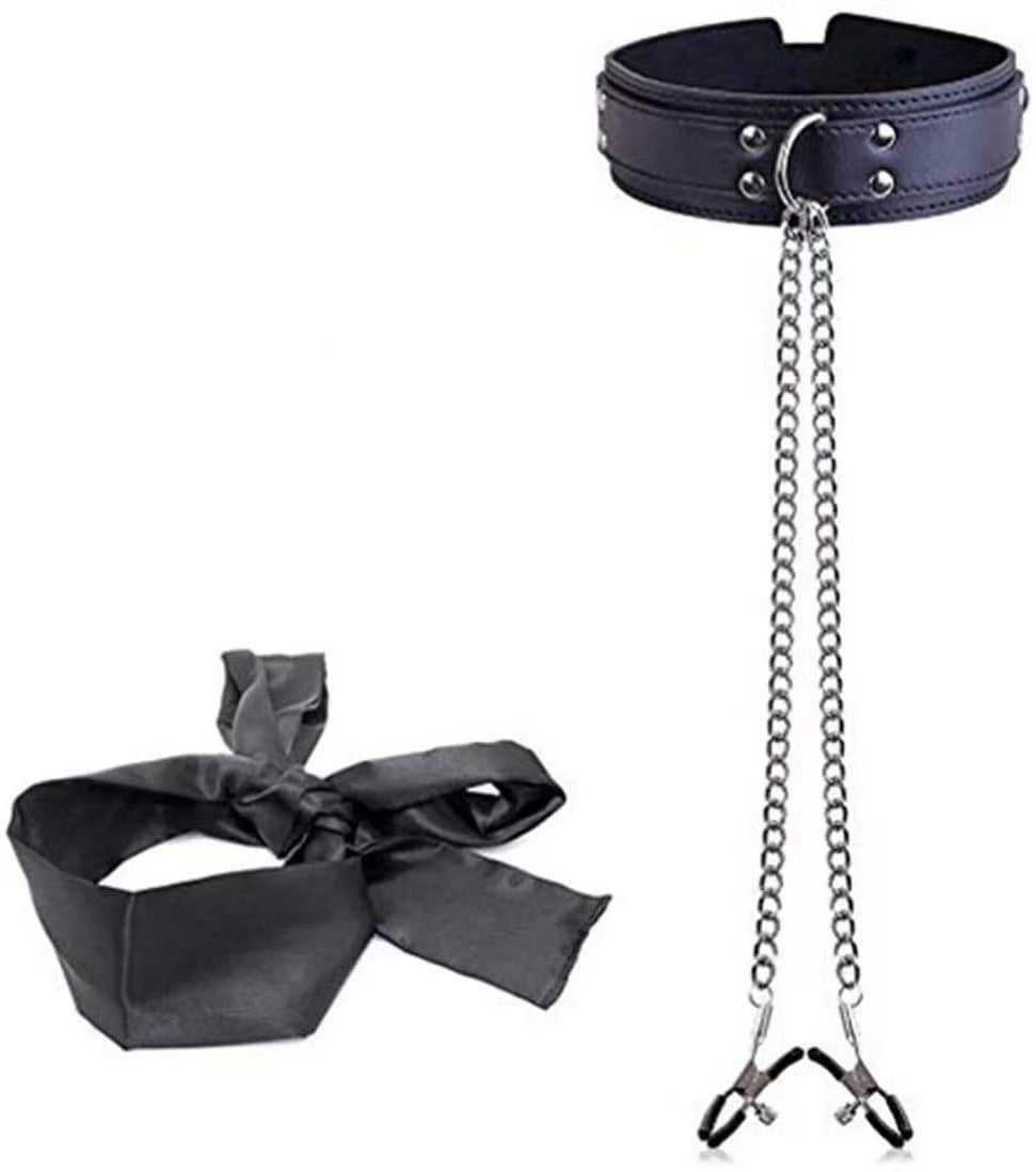 BDSM Submission Collar And Nipple Clamps with Satin Eye Mask Blindfold