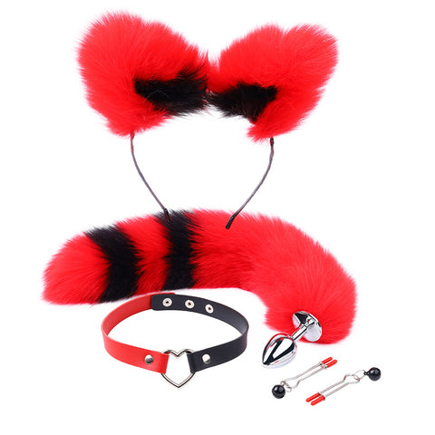 RY Cosplay Furry Fox Tail Anal Plug/Headband/Collar/Nipple Clamps Cosplay Kit - Red&Black