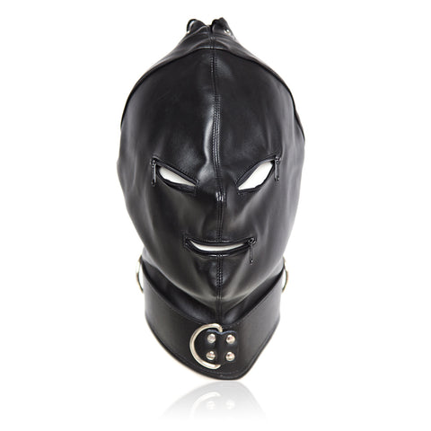 BDSM Fetish Hood with Eye & Mouth Zipper Hole / Head Harness - Black
