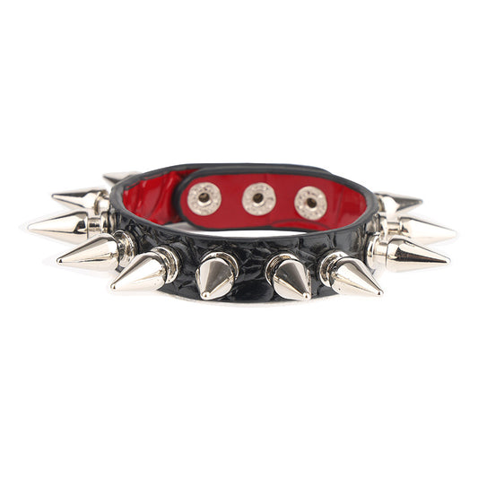 Real Leather BDSM Bondage Metal Thorn Bracelet - Black