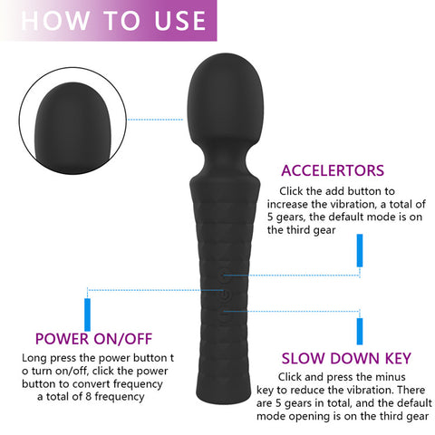 HC 8x5 Wand Massager Vibrator USB Rechargeable - Black