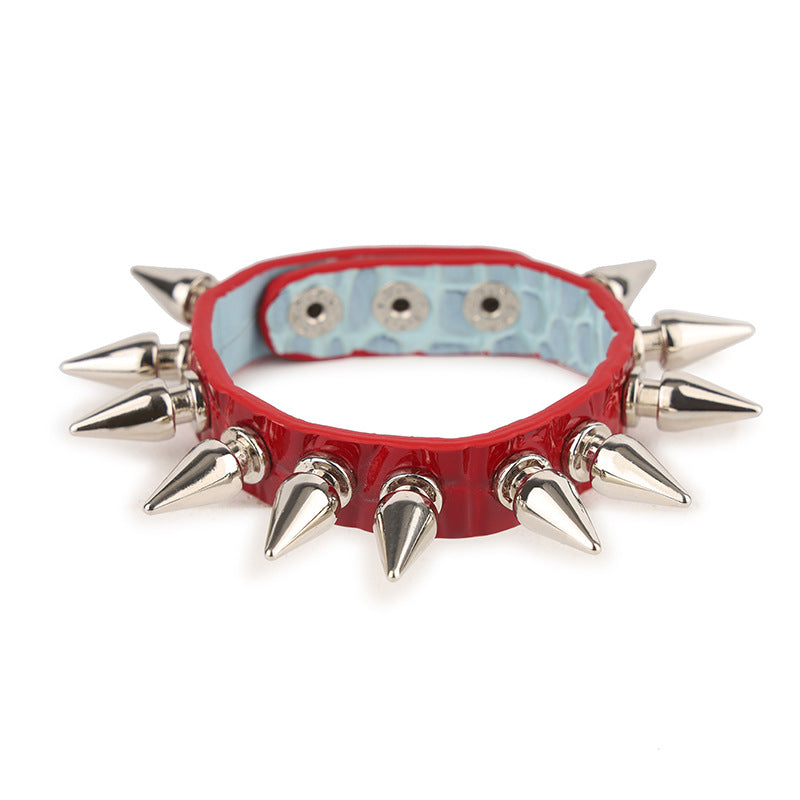 Real Leather BDSM Bondage Metal Thorn Bracelet - Red
