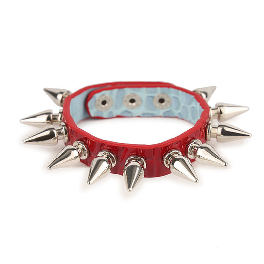 Real Leather BDSM Bondage Metal Thorn Bracelet - Red
