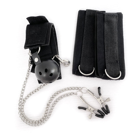 BDSM Gag Ball with Nipple Clamps & Handcuffs - Complete Restraint Bondage Kit