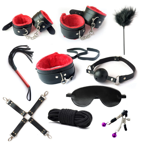BDSM 10 pcs Bondage Kit / Fetish Restraint Set - Black&Red
