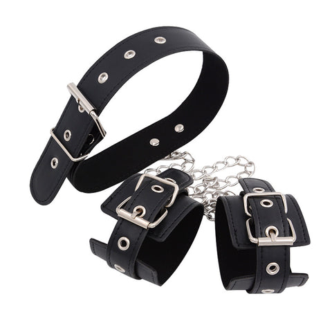 BDSM Collar Handcuffs Back Fetish Bondage Restraint Strap - Black