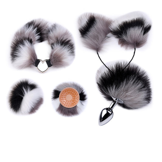 RY Cosplay Furry Rabbit Tail Anal Plug/Headband/Nipple Clamp/Collar Bondage Kit -Grey White Black