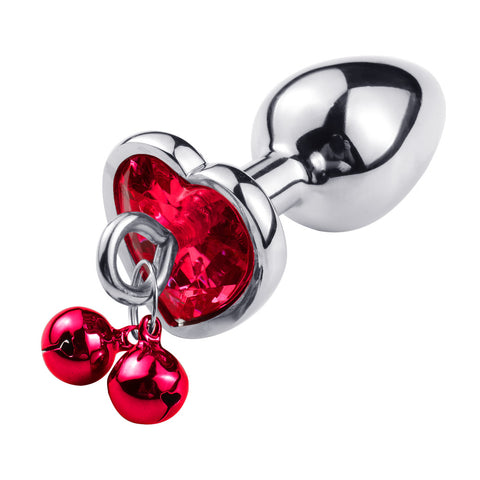 RY Heart Shape Crystal Jewelled Stainless Steel Anal Plug with Bell & Leash - Red S/M/L