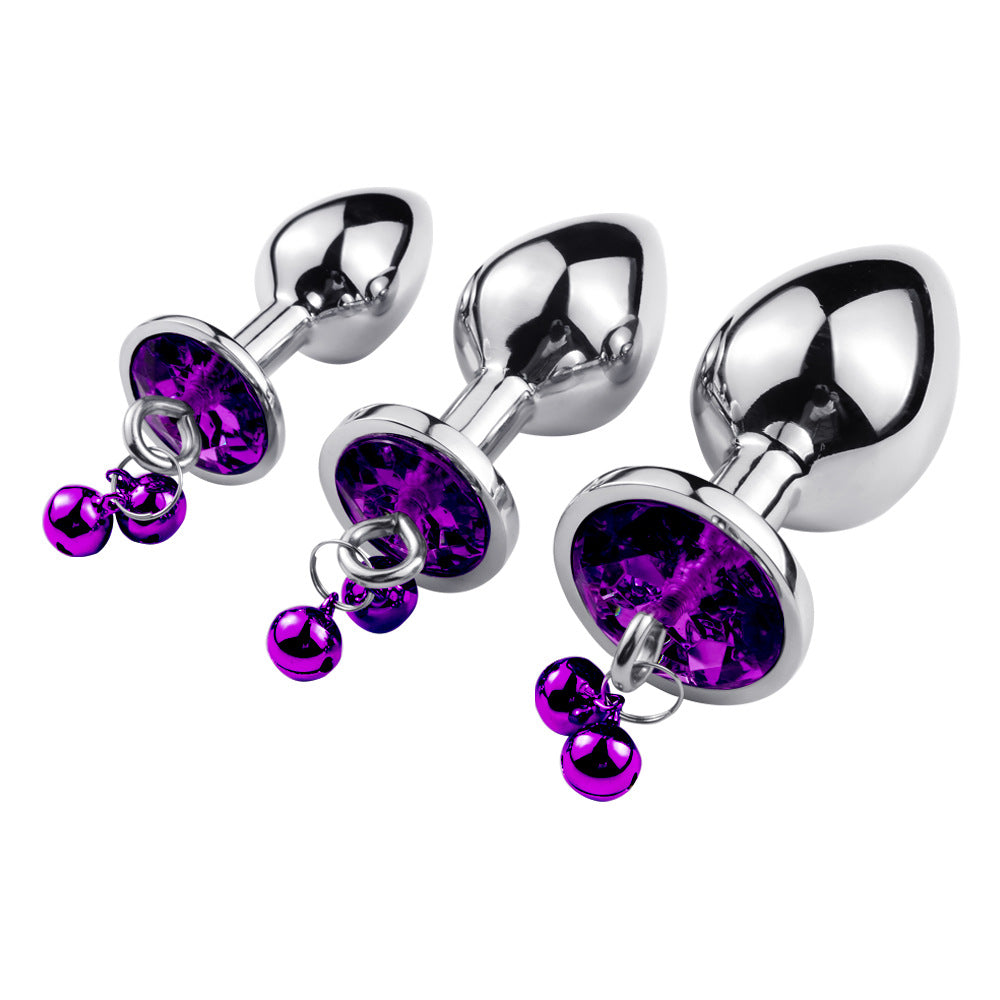 RY Round Shape Crystal Jewelled Stainless Steel Anal Plug with Bell & Leash - Purple S/M/L