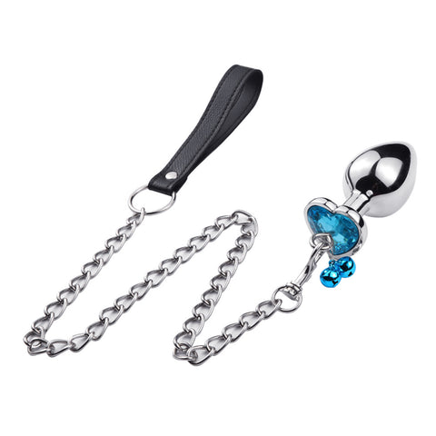 RY Heart Shape Crystal Jewelled Stainless Steel Anal Plug with Bell & Leash - Sky S/M/L
