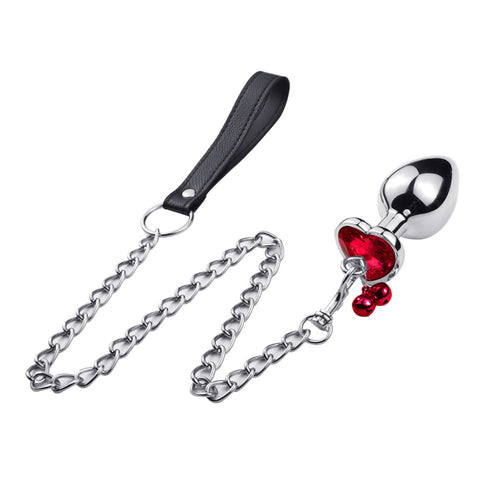 RY Heart Shape Crystal Jewelled Stainless Steel Anal Plug with Bell & Leash - Red S/M/L