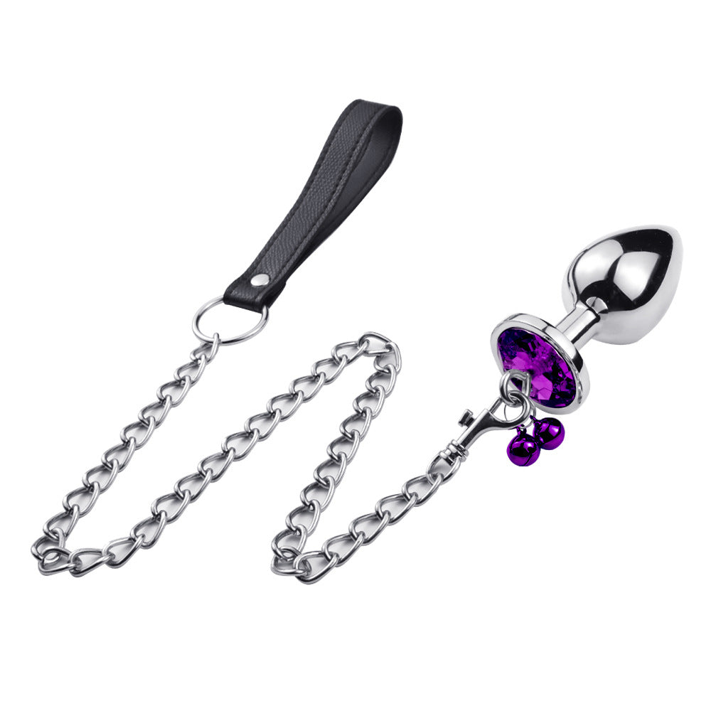 RY Round Shape Crystal Jewelled Stainless Steel Anal Plug with Bell & Leash - Purple S/M/L