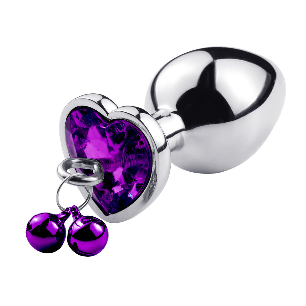 RY Heart Shape Crystal Jewelled Stainless Steel Anal Plug with Bell & Leash - Purple S/M/L