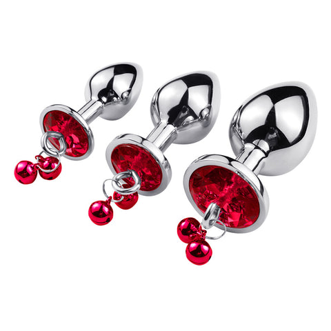 RY Round Shape Crystal Jewelled Stainless Steel Anal Plug with Bell & Leash - Red S/M/L