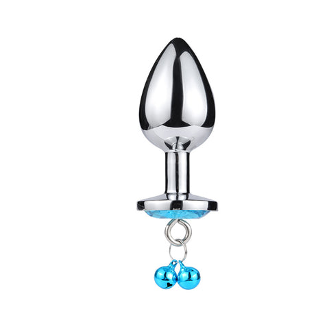 RY Heart Shape Crystal Jewelled Stainless Steel Anal Plug with Bell & Leash - Sky S/M/L