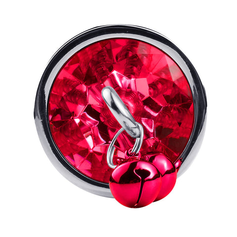 RY Round Shape Crystal Jewelled Stainless Steel Anal Plug with Bell & Leash - Red S/M/L