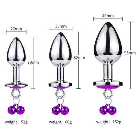 RY Heart Shape Crystal Jewelled Stainless Steel Anal Plug with Bell & Leash - Purple S/M/L