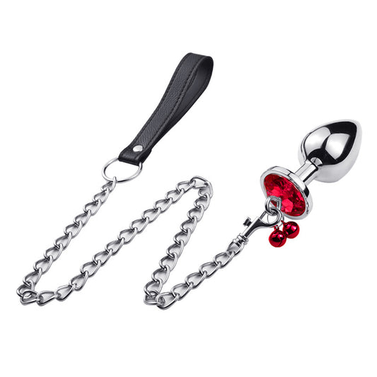 RY Round Shape Crystal Jewelled Stainless Steel Anal Plug with Bell & Leash - Red S/M/L