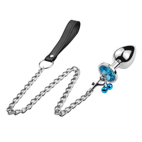RY Round Shape Crystal Jewelled Stainless Steel Anal Plug with Bell & Leash - Sky S/M/L