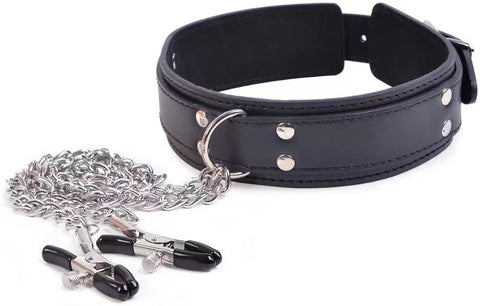BDSM Submission Collar And Nipple Clamps with Satin Eye Mask Blindfold