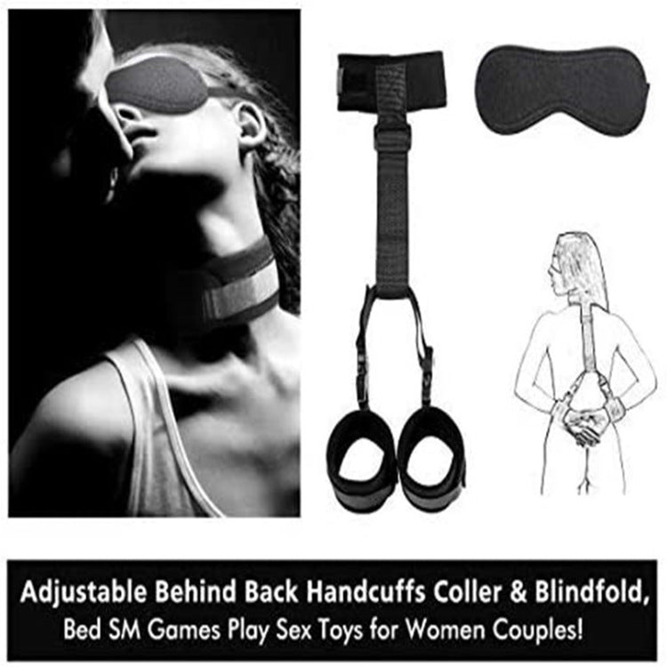 BDSM Collar & Handcuffs Back with Blindfold Restraints Bondage Kit - Black
