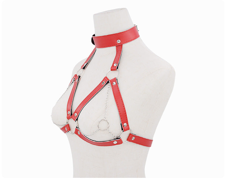 BDSM Breast Bondage with Neck Collar Fetish Body Harness - Red