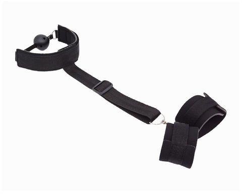 BDSM Fetish Ball Gag Collar & Handcuffs Back Restraints Bondage Kit - Black