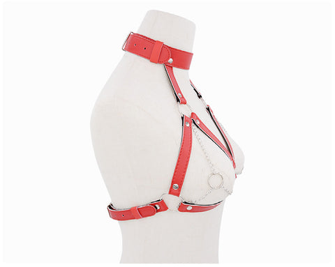 BDSM Breast Bondage with Neck Collar Fetish Body Harness - Red