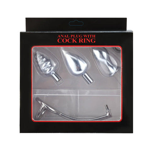 RY Stainless Steel Butt Plug/Anal Hook & Cock Ring Kit 40mm Dia Cross Edition
