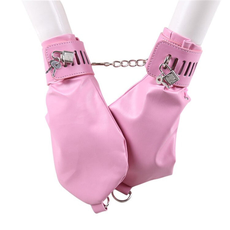 BDSM PU Bondage Puppy Play Mittens Dog Gloves Adjustment Restraint with Lockable Cuffs- Pink