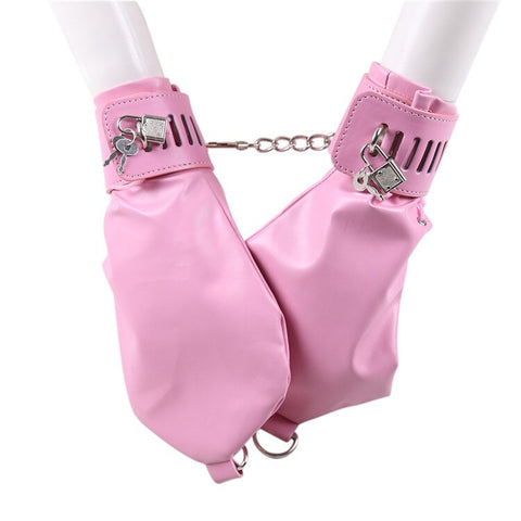 BDSM PU Bondage Puppy Play Mittens Dog Gloves Adjustment Restraint with Lockable Cuffs- Red
