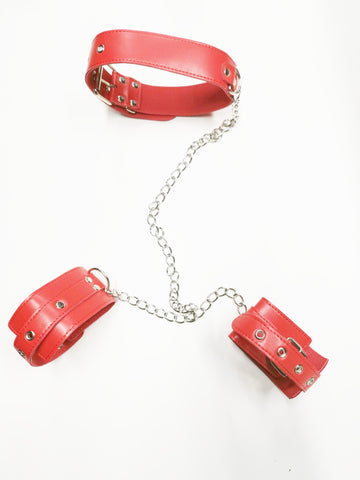 BDSM Collar Handcuffs Back Fetish Bondage Restraint Strap - Red