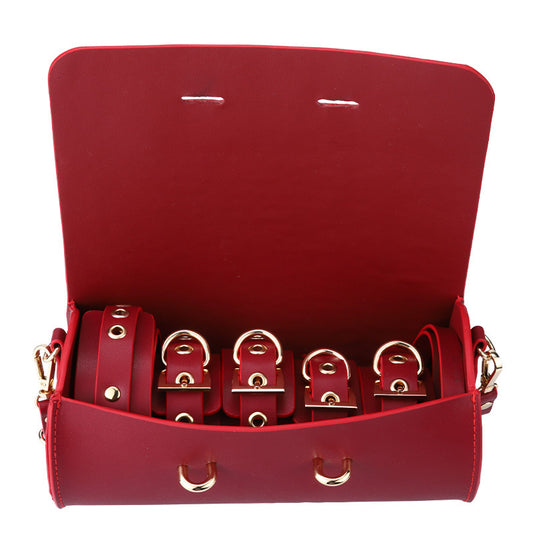 RY Premium Real Leather Bondage Kit With Bag - 6pcs Red