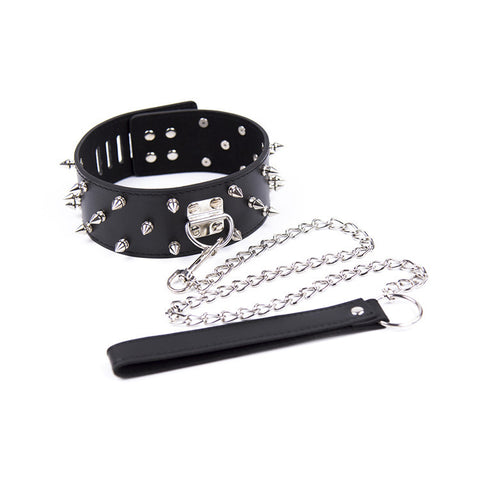BDSM PU Leather Collar & Leash Rivet Fetish Restraints - Black