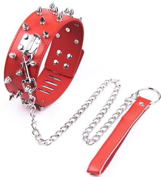 BDSM PU Leather Collar & Leash Rivet Fetish Restraints - Red