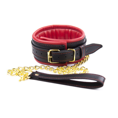 BDSM PU Sponge Leather Metal Collar Chain Leash Bondage - Black&Red