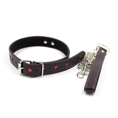 Heart PU Leather Collar and Metal Chain Leash Fetish Toy