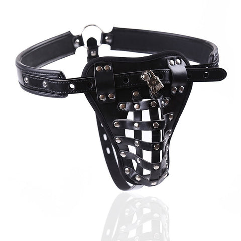 BDSM Faux Leather Male Chastity Belt Cock Cage G String Thong Bondage