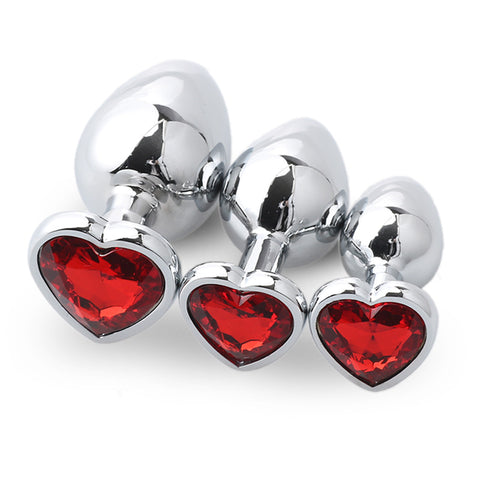 3pcs Heart-Shaped Jewelled Stainless Steel Anal Plug Kit - Red