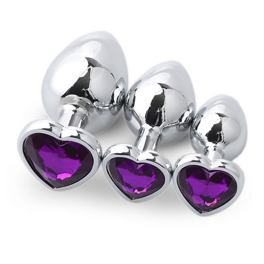 3pcs Heart-Shaped Jewelled Stainless Steel Anal Plug Kit - Purple