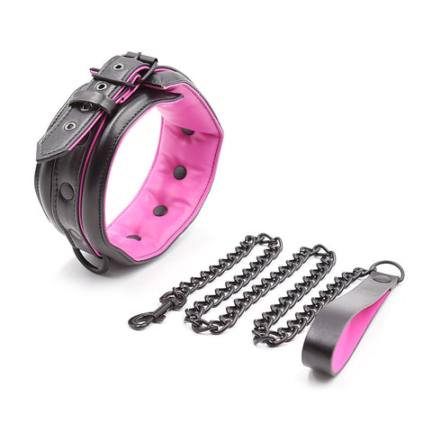 Faux Leather BDSM Bondage Collar with Leash Chain - Black&Purple