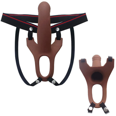 Aphrodisia Hollow Strap-On Dildo Harness 5.7" Silicone Penis Sleeve Extender - Brown