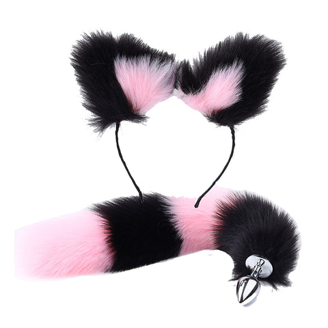 RY Cosplay Furry Fox Tail Anal Plug/Headband/Collar/Nipple Clamps Cosplay Kit - Pink&Black