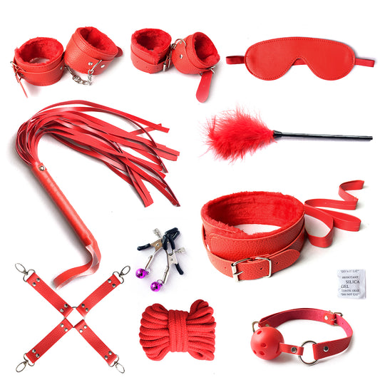 BDSM 10-Piece Bondage Kit - Red Fetish Restraint Set for Couples Play