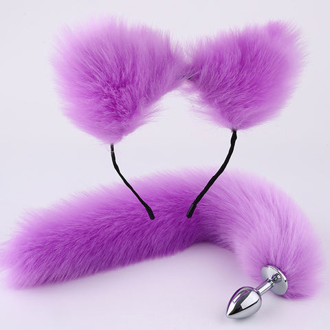 RY Cosplay Furry Fox Tail Anal Plug/Headband/Collar/Nipple Clamps Cosplay Kit - Purple